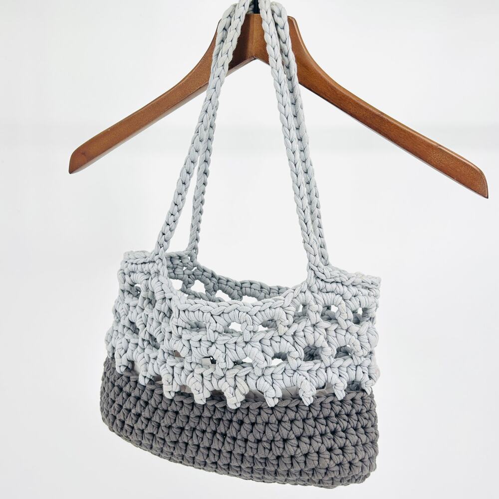 Handmade Grey Soft Jersey Crochet Macramé Handbag Purse